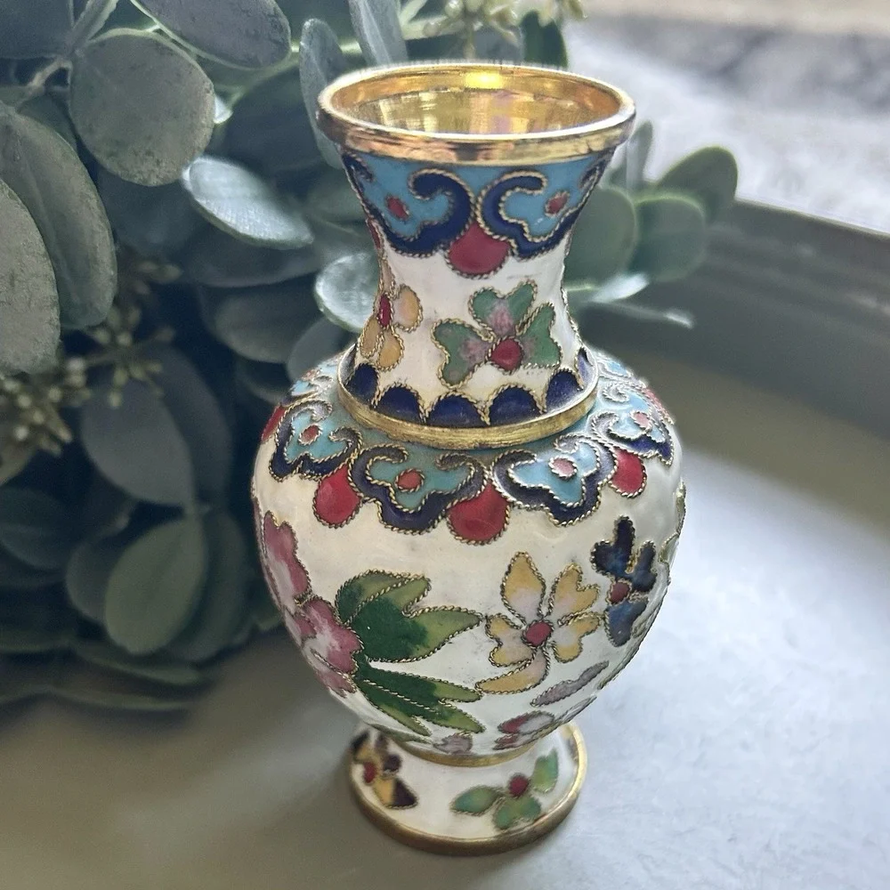 Amazing Vintage Asian Cloisonne Enamel Flower Vase 4